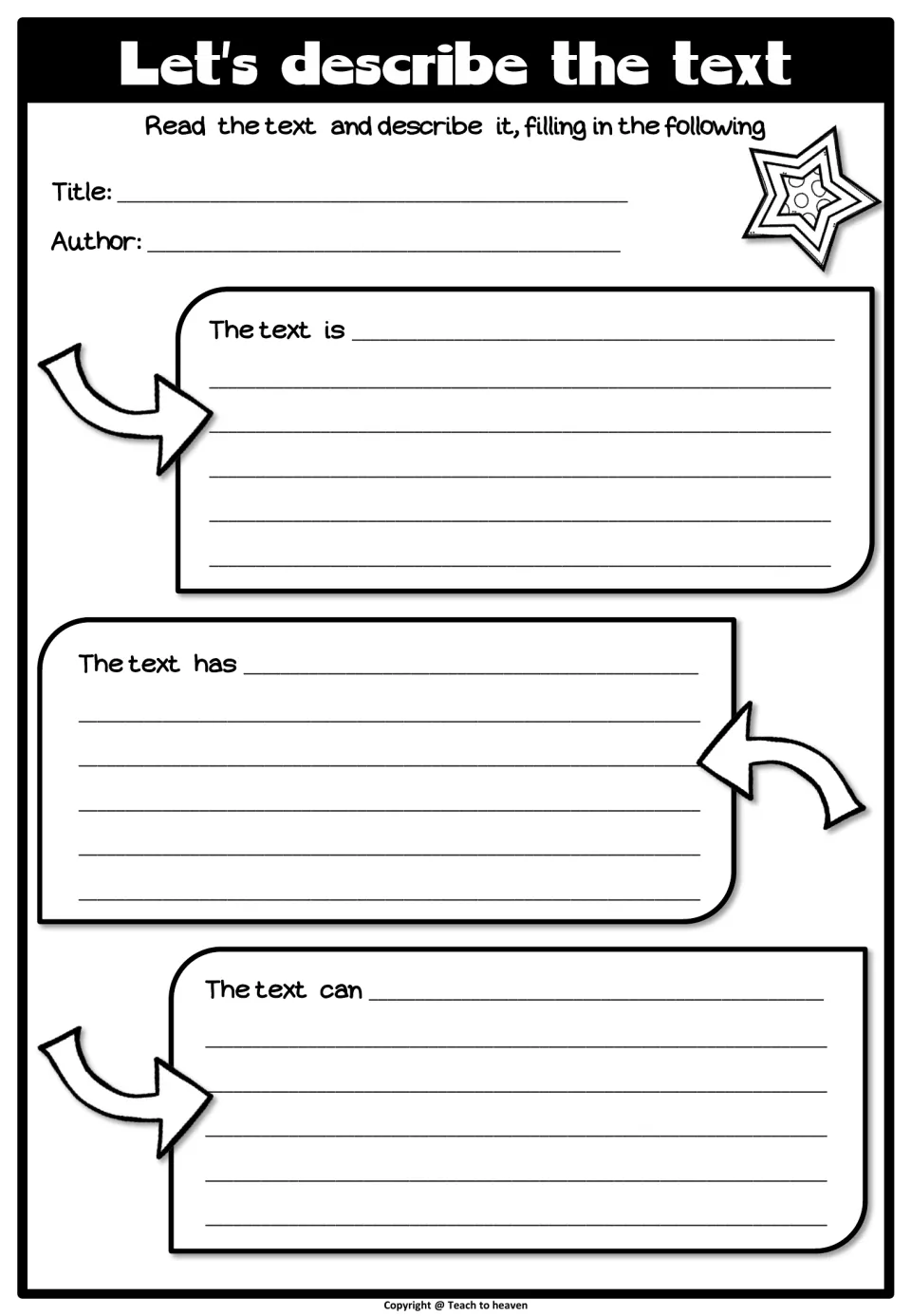Let's describe the text: students complete the starters The text is, The text has and The text can about a chosen text