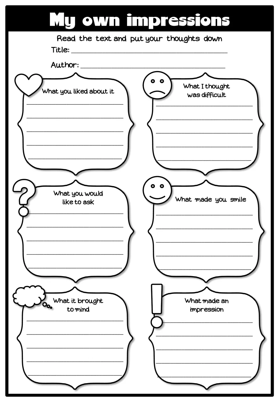 My own impressions: students write what they liked, found difficult, would ask, smiled at, recalled and found striking