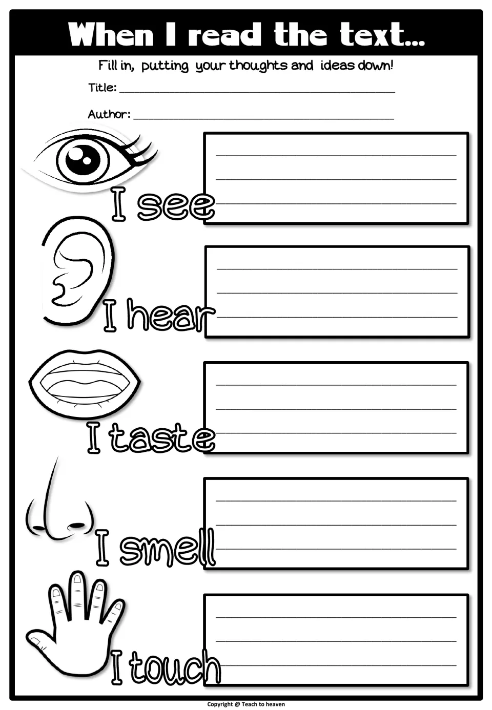 When I read the text...: students record sensory details from a text under I see, I hear, I taste, I smell and I touch