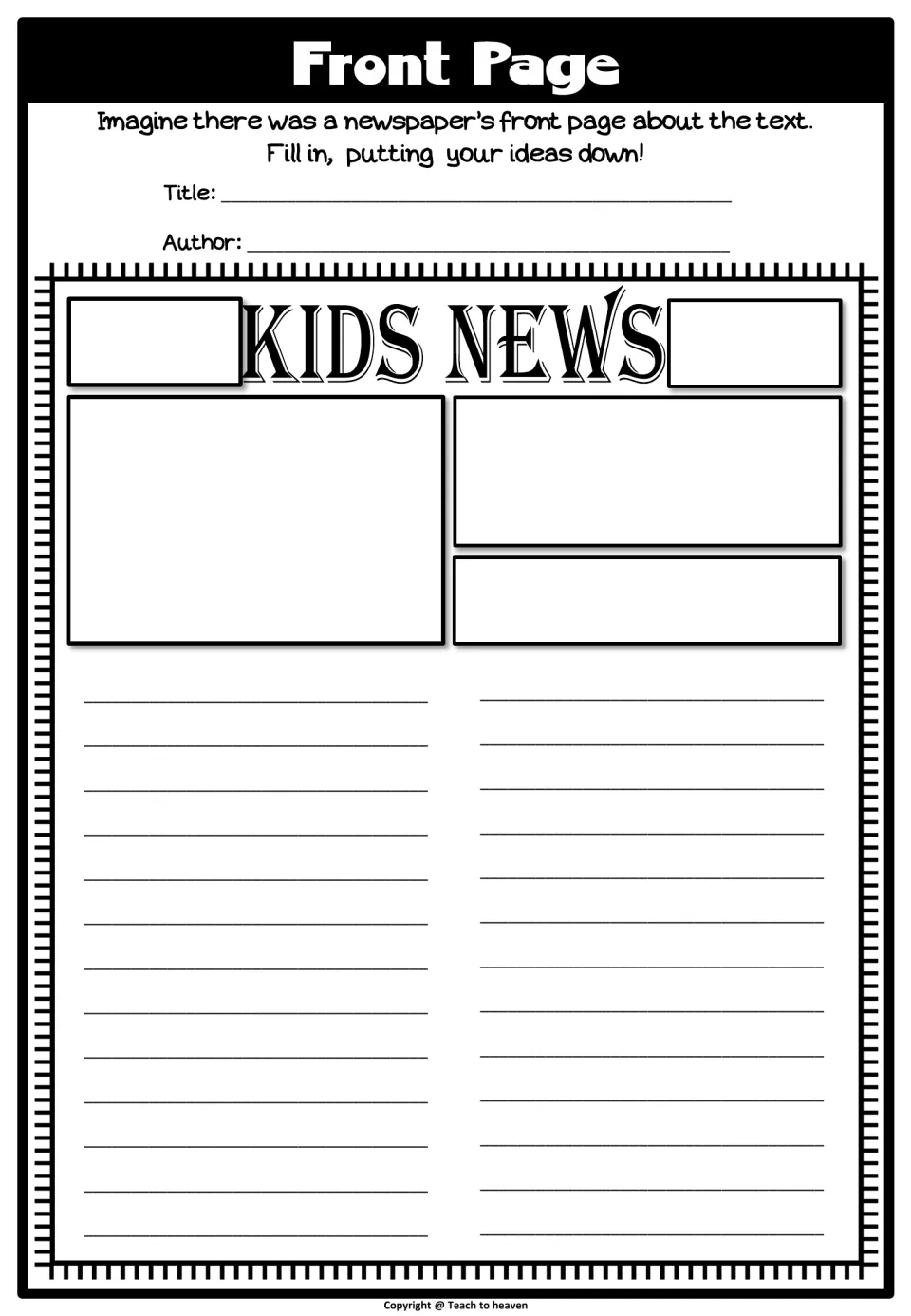 Front Page: students imagine a Kids News newspaper front page about a text and fill it in with their own ideas
