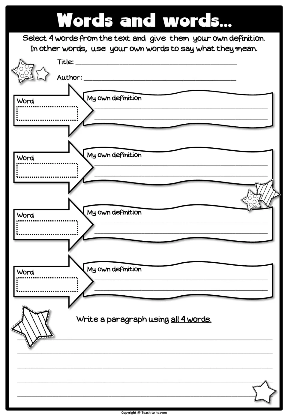 Words and words: students pick 4 words from a text, define each in their own words, then write a paragraph using all four