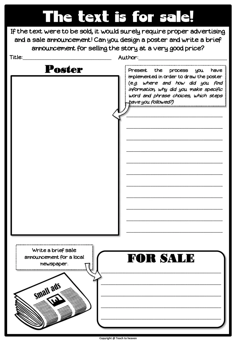 The text is for sale: students design a poster selling a story, explain their process and write a FOR SALE newspaper ad