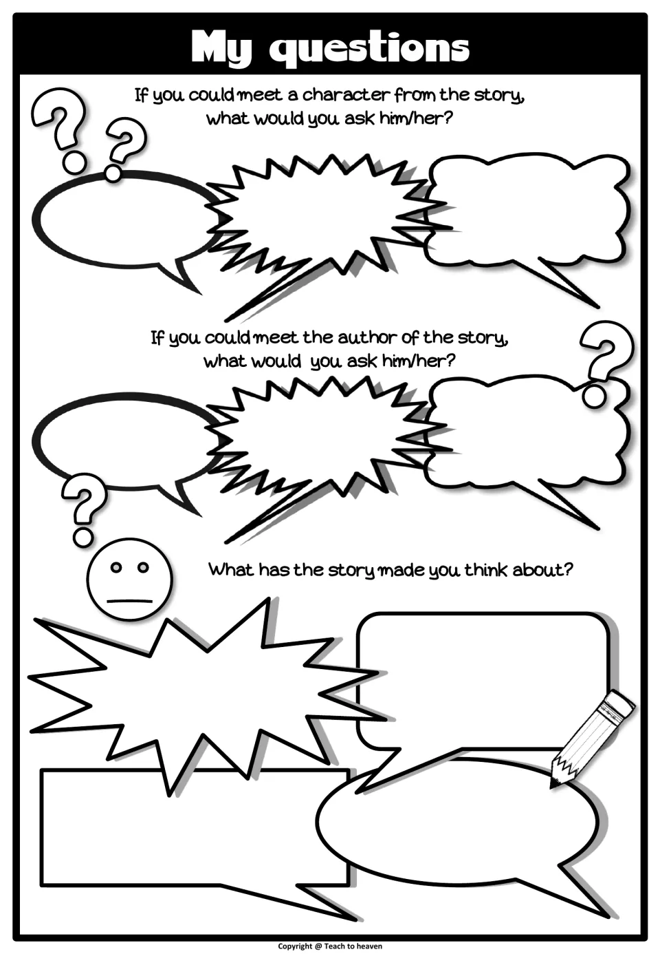 My questions: students write questions for a story character and the author in speech bubbles, then reflect on the story