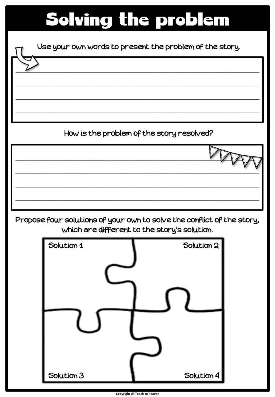 Solving the problem: students restate a story's conflict, explain how it is resolved and propose four puzzle-piece solutions