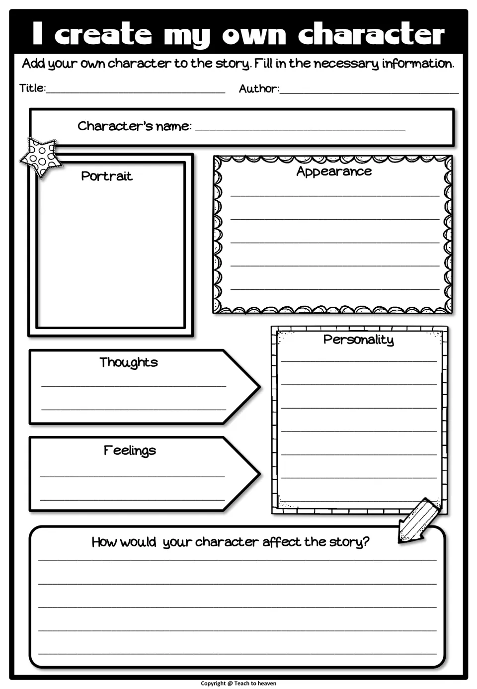 I create my own character: students invent a story character with portrait, appearance, personality, thoughts and feelings