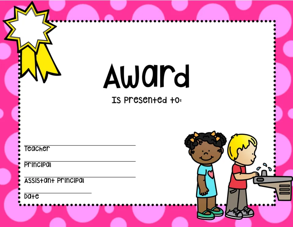 Pink award with a yellow ribbon and two students waiting at a water fountain, with Is presented to and signature lines