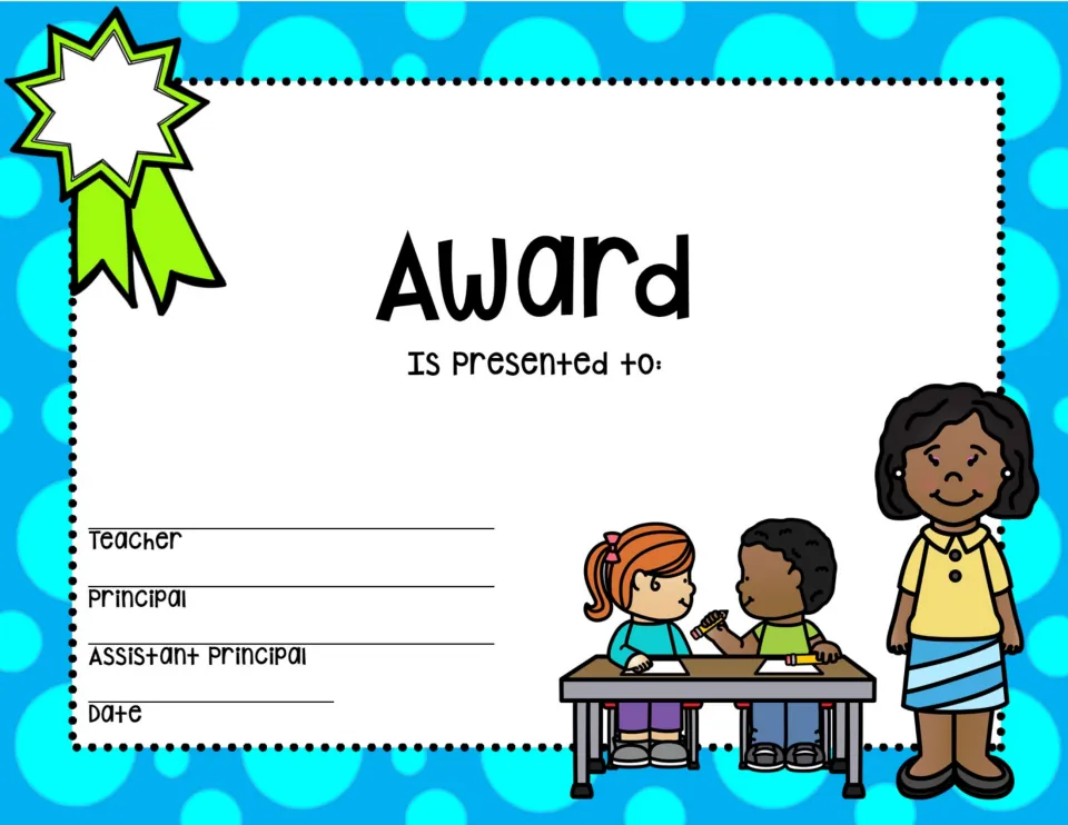 Blue award with a green ribbon showing two students writing at a shared desk as their teacher stands beside them