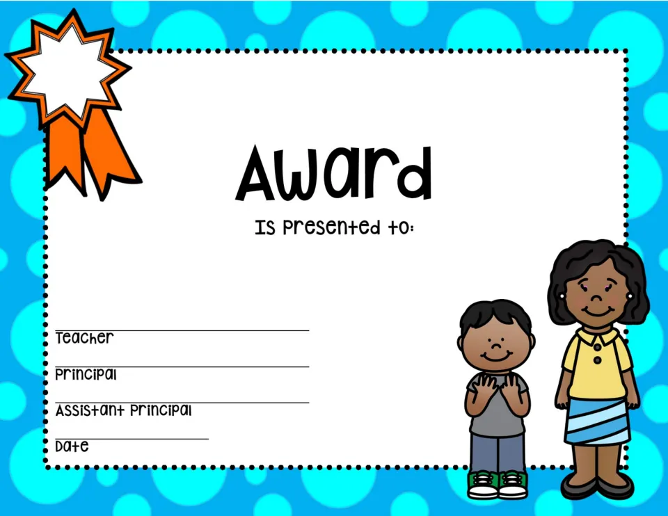 Blue award with an orange ribbon, a smiling boy standing with his teacher, and lines for teacher, principal and date