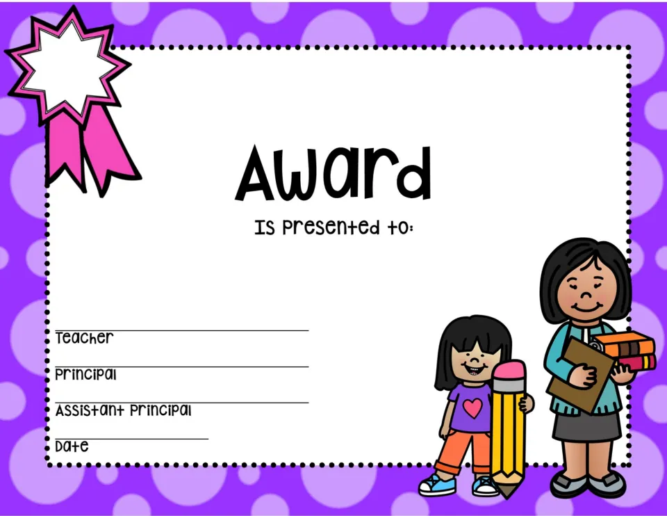 Purple award with a pink ribbon, a girl holding a giant pencil and a teacher carrying books beside the signature lines