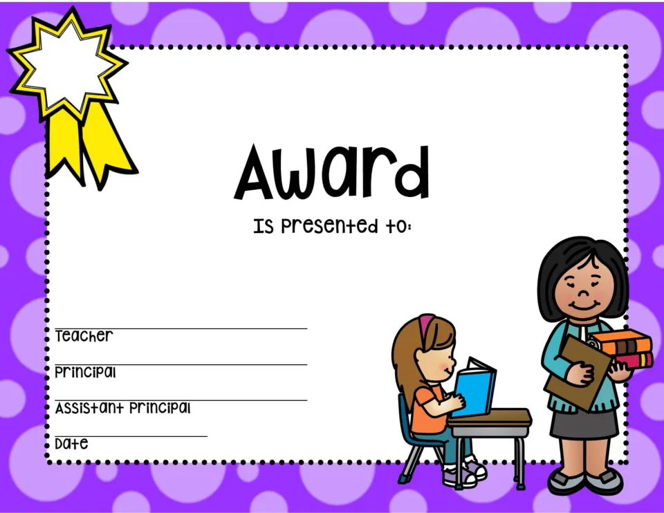 Purple award with a yellow ribbon showing a girl reading a book at her desk while a teacher holds a clipboard and books