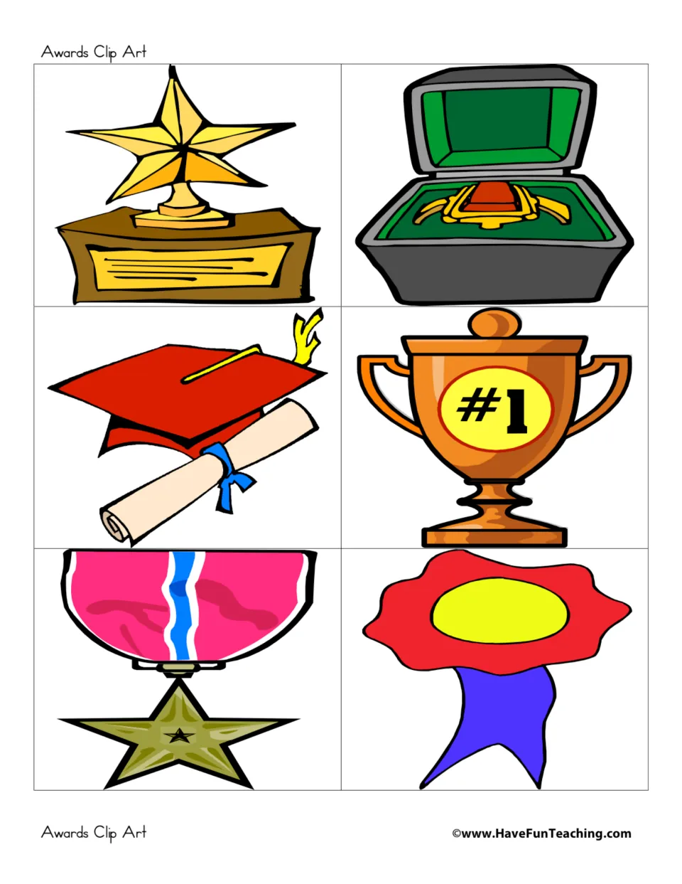 Award images: star trophy, ring in an open box, graduation cap with diploma, #1 trophy cup, star medal and a blank rosette
