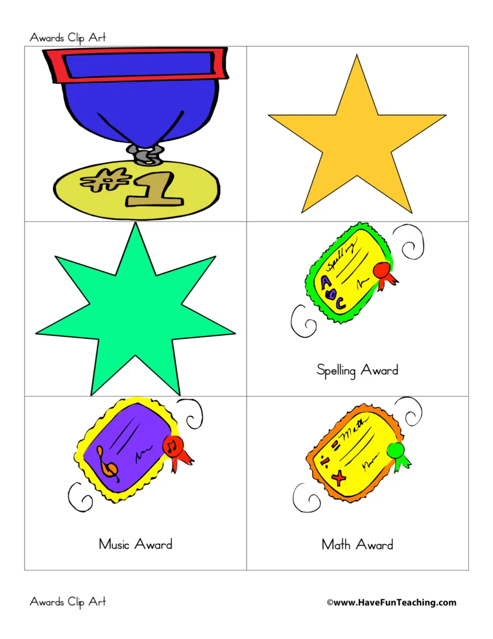 Award images: #1 medal, gold star, green star burst, and Spelling Award, Music Award and Math Award certificates