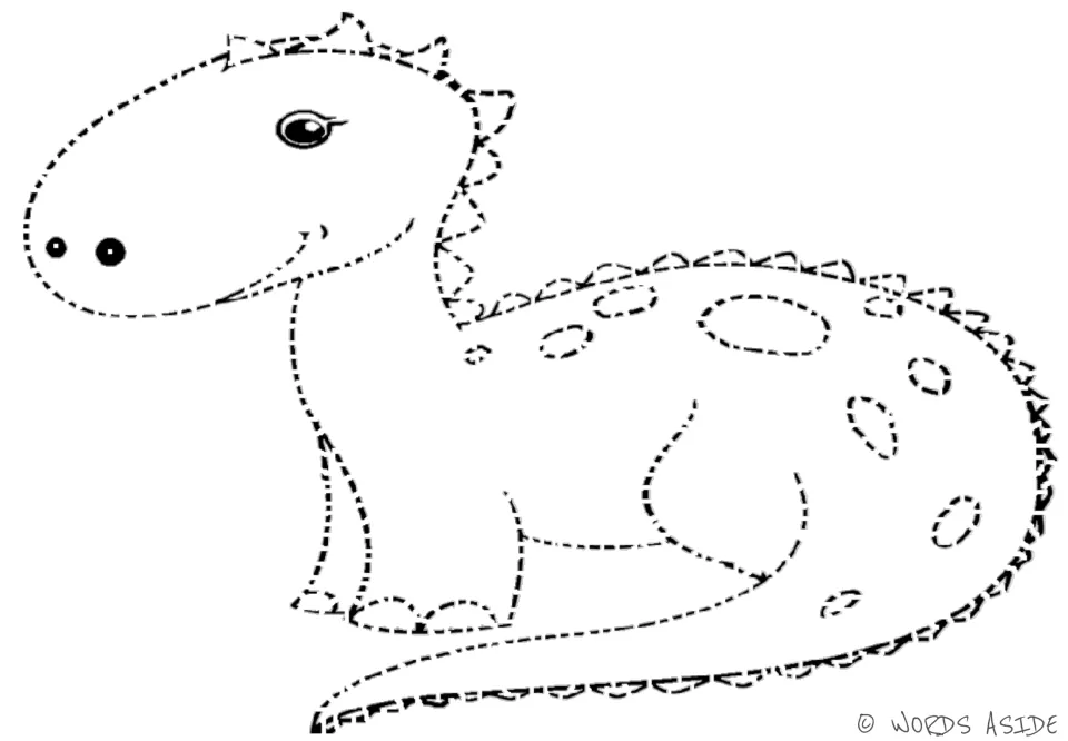 Dinosaur tracing sheet featuring one large, spotted dinosaur with a curled tail and no visual prompts