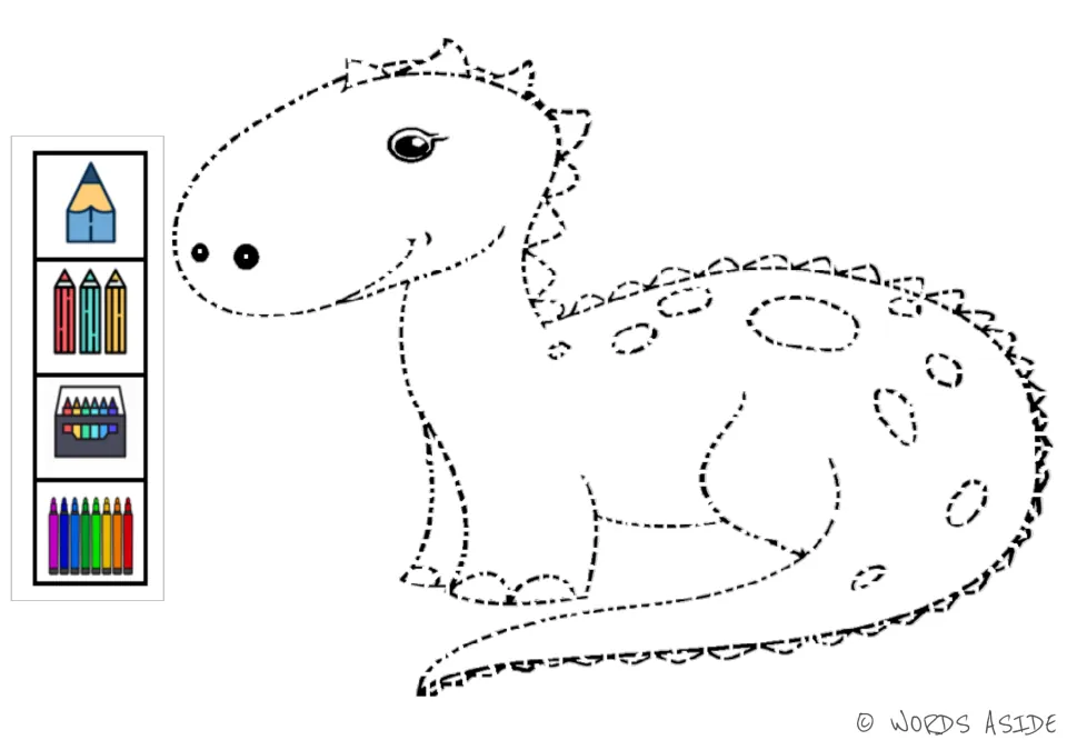 Dinosaur tracing sheet featuring one spotted dinosaur and visual prompts for pencils, crayons, and markers