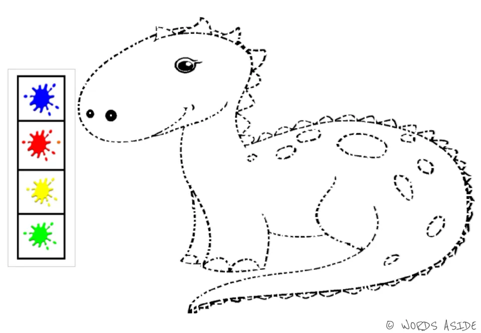Dinosaur tracing sheet featuring one spotted dinosaur and blue, red, yellow, and green color prompts