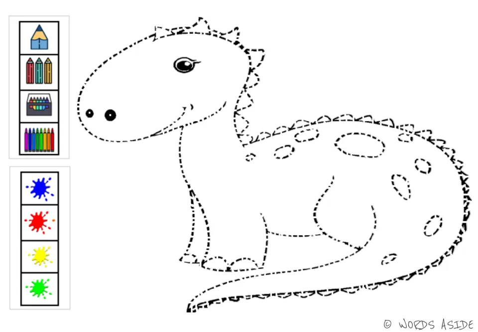 Dinosaur tracing sheet featuring one spotted dinosaur, drawing-tool icons, and four suggested colors
