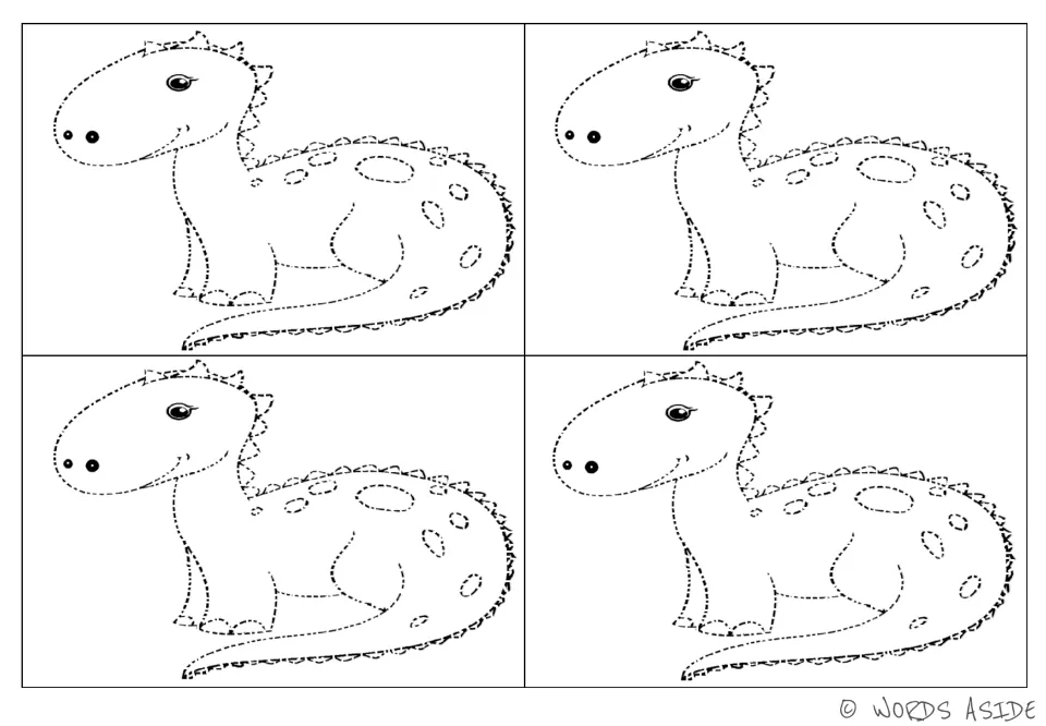 Dinosaur tracing sheet containing four smaller copies of the spotted dinosaur without visual prompts