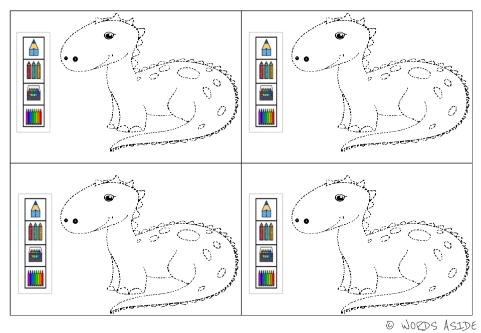 Dinosaur tracing sheet containing four smaller spotted dinosaurs, each accompanied by drawing-tool icons