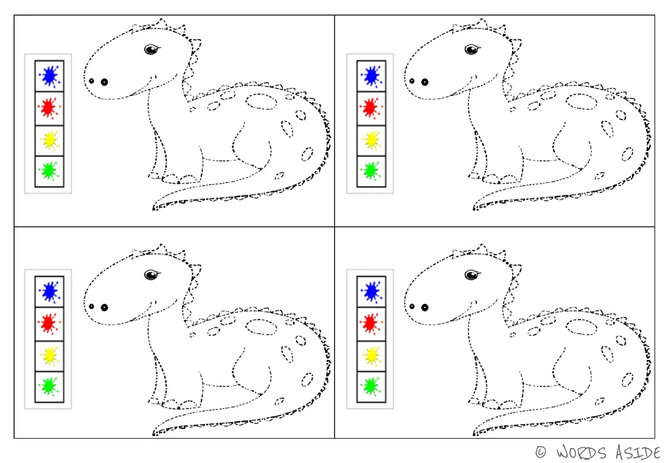 Dinosaur tracing sheet containing four spotted dinosaurs, each with blue, red, yellow, and green prompts