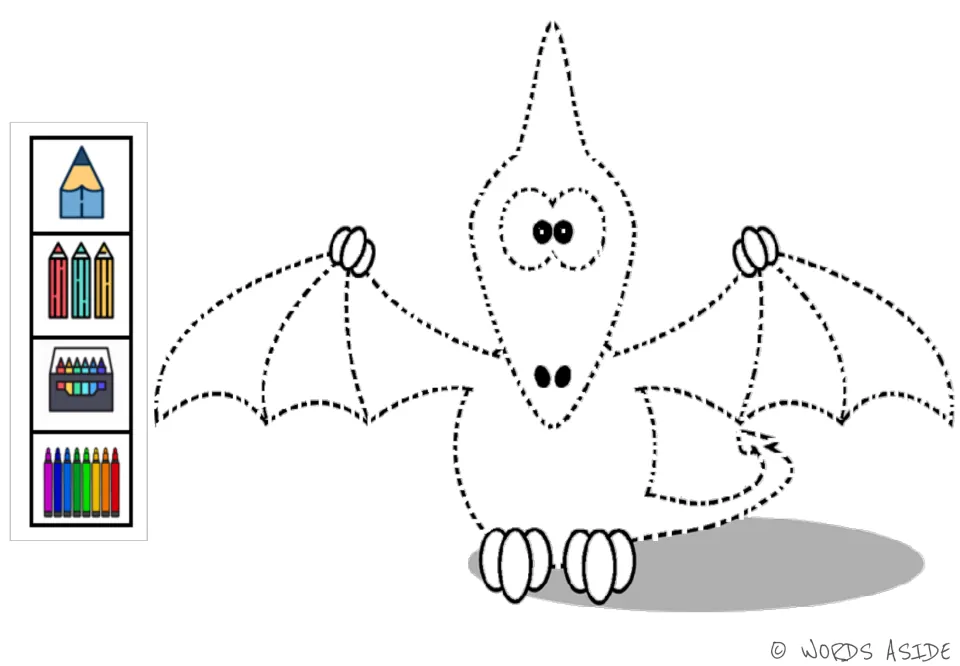 Second dinosaur tracing figure: a winged creature with visual prompts for pencils, crayons, and markers