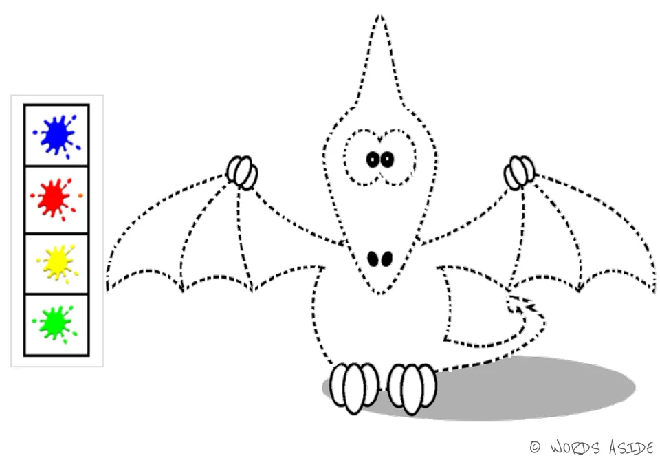 Second dinosaur tracing figure: a winged creature with blue, red, yellow, and green visual color prompts