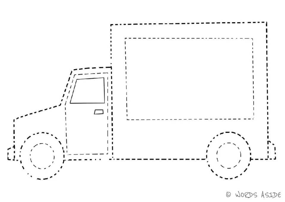 Truck tracing and coloring activity featuring one large delivery truck without color prompts.