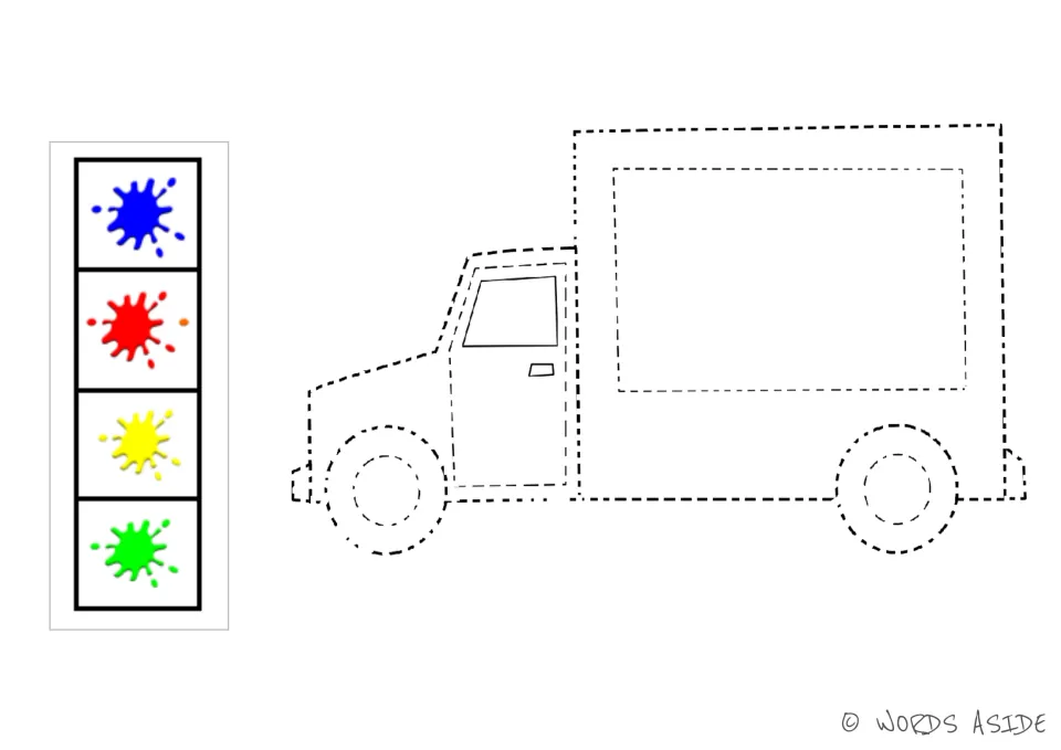 Truck tracing and coloring activity featuring one delivery truck with blue, red, yellow, and green prompts.