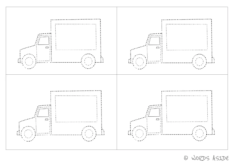 Truck tracing and coloring activity featuring four smaller copies of the truck without color prompts.