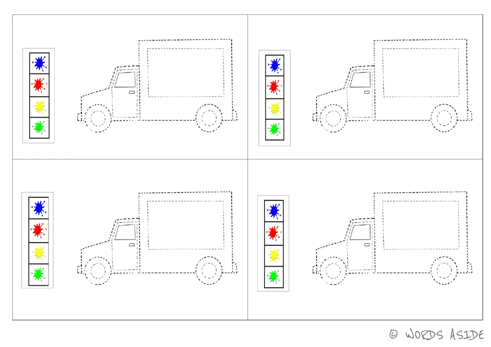 Truck tracing and coloring activity featuring four trucks, each with blue, red, yellow, and green prompts.