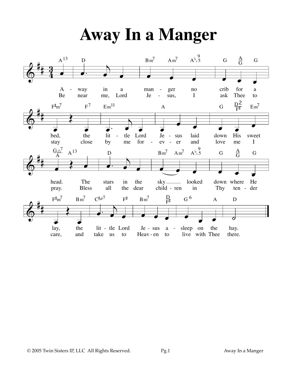 Away in a Manger lead sheet in D major, 3/4 time: melody with chord symbols and two verses of lyrics to sing or play