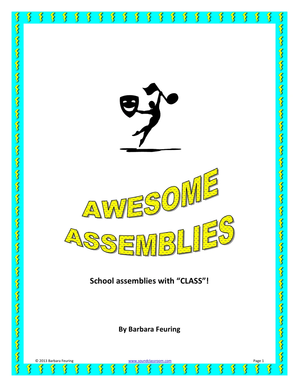 Awesome Assemblies cover: a guide to school assemblies with CLASS by Barbara Feuring, shown with a drama mask silhouette