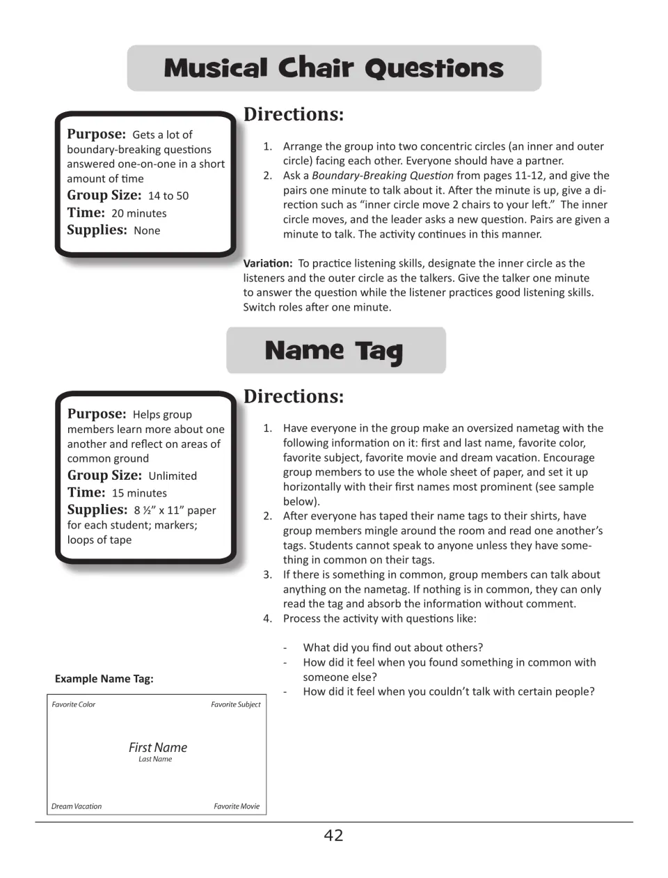Musical Chair Questions and Name Tag: partners in two circles answer questions, then find common ground on name tags