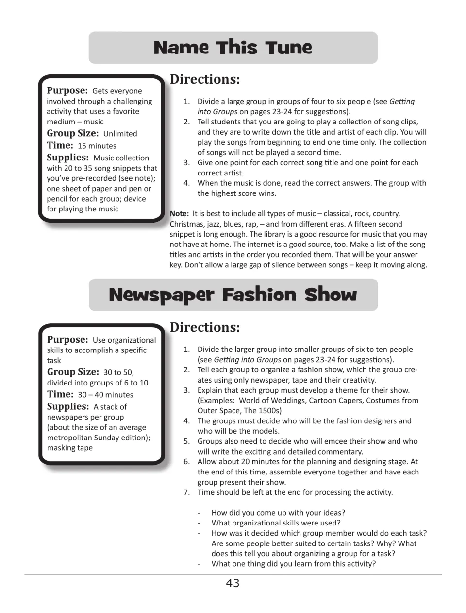 Name This Tune and Newspaper Fashion Show: teams identify song clips for points, then build a themed show from newspaper