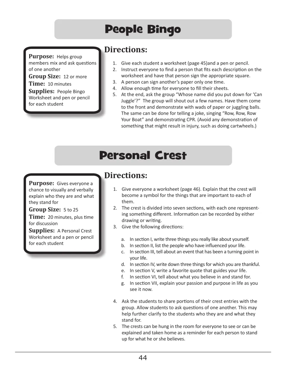 People Bingo and Personal Crest directions: students collect signatures, then fill a seven-part crest about themselves