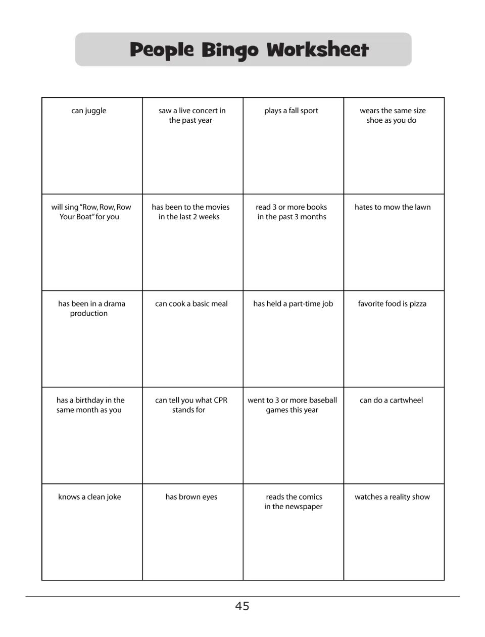 People Bingo Worksheet: 20 prompts such as can juggle, has brown eyes and can do a cartwheel for classmates to sign