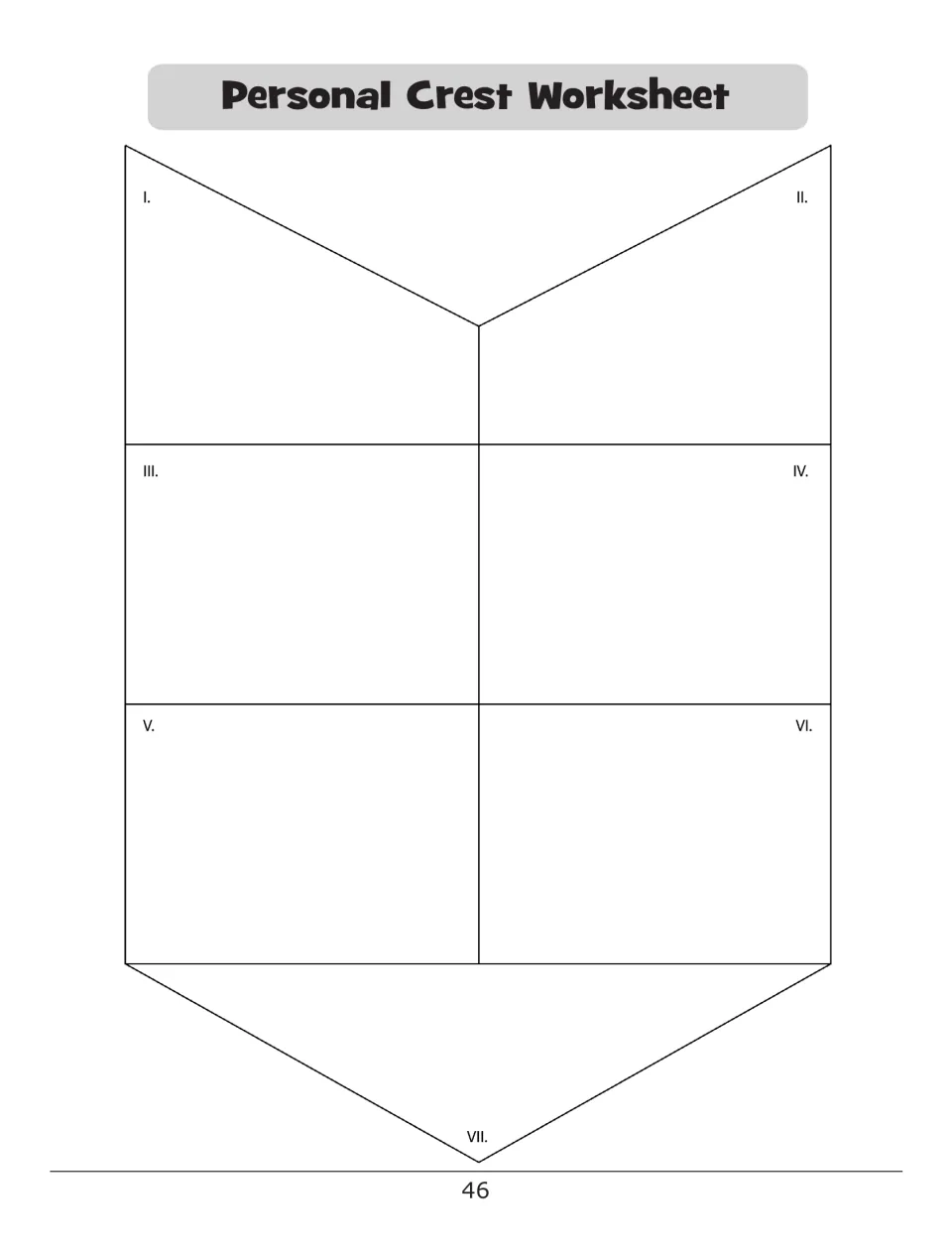 Personal Crest Worksheet: a blank shield split into sections I to VII where students draw or write about themselves