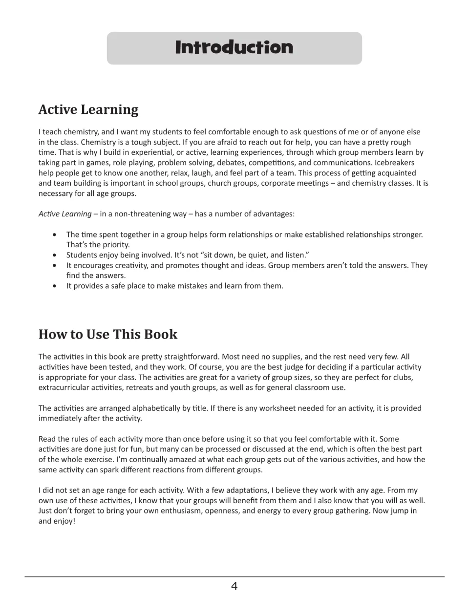 Introduction to the icebreaker book explaining active learning, group relationships, and how to use the activities