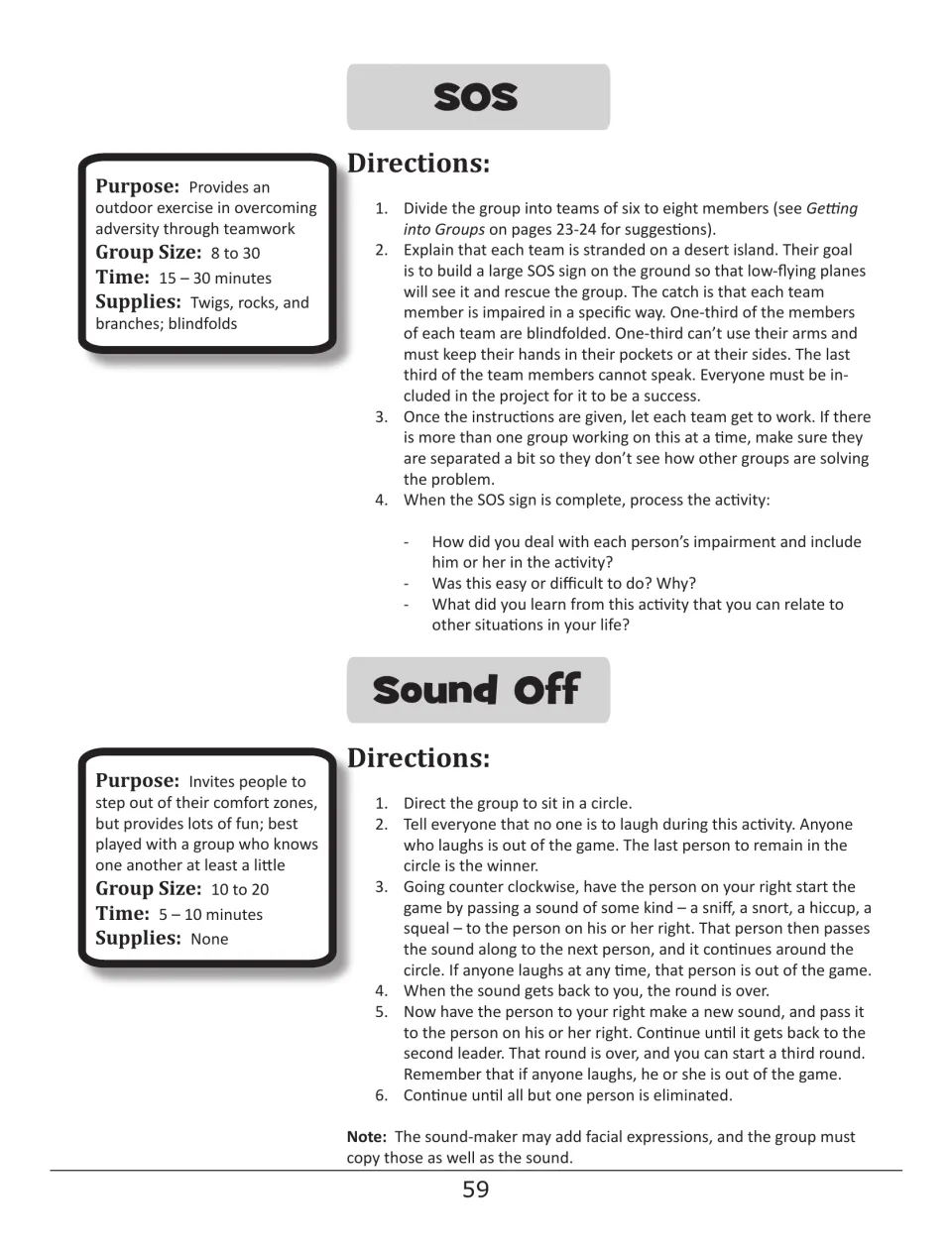 Icebreaker instructions for SOS, a team survival-sign challenge, and Sound Off, a no-laughing sound game