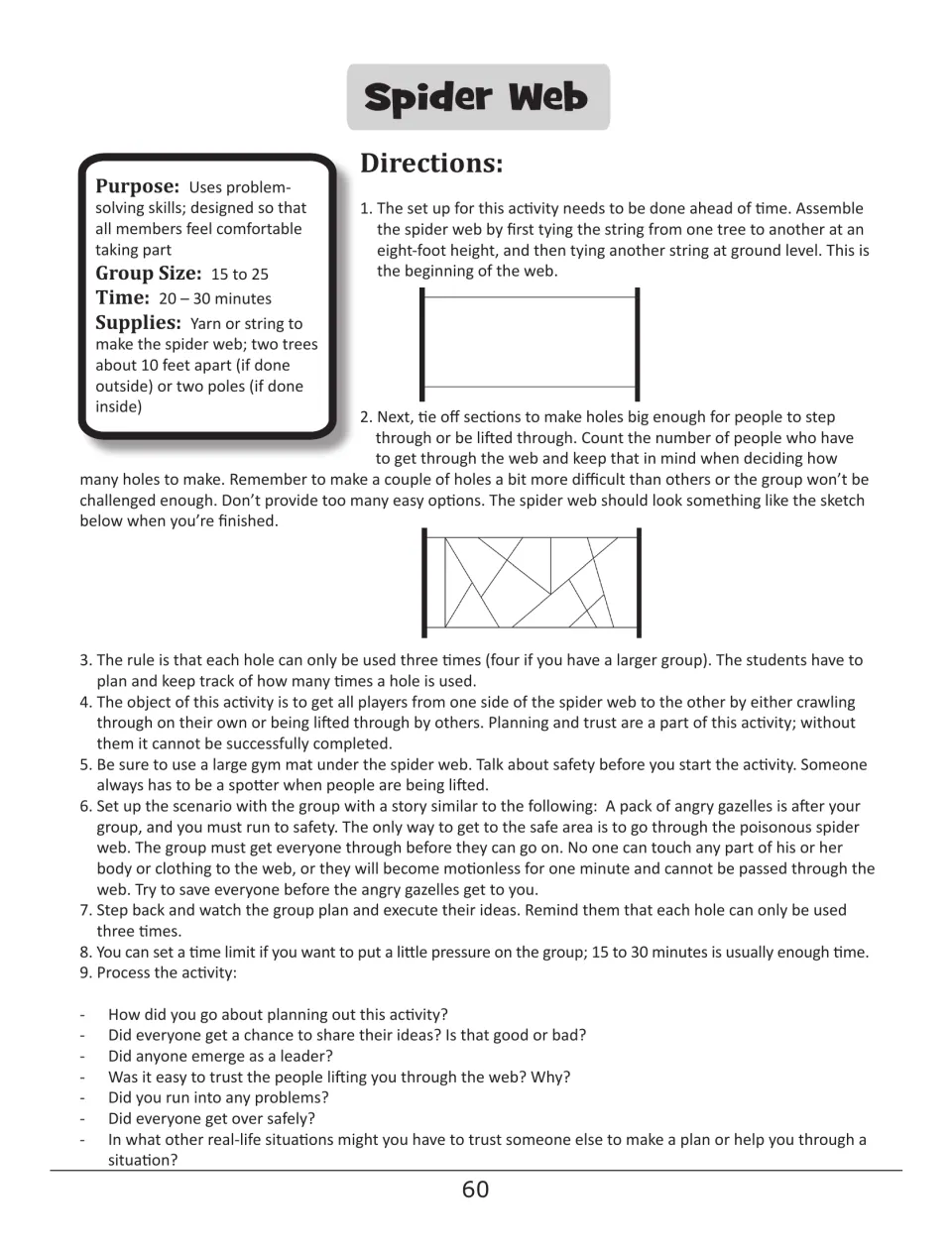 Spider Web activity instructions for making a string web and helping all group members pass through its openings
