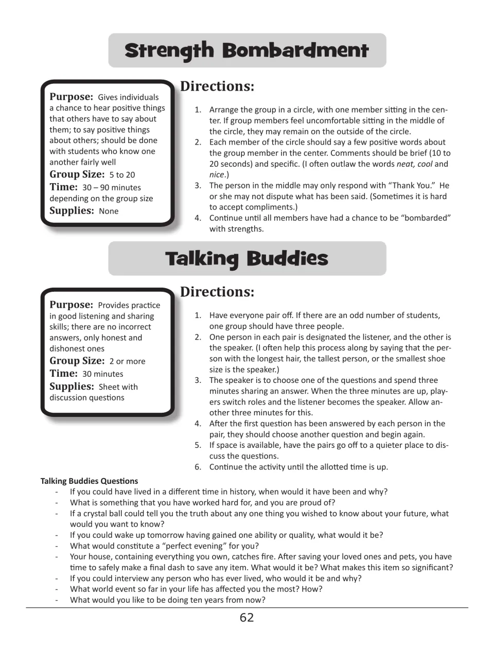 Strength Bombardment guides sharing specific compliments; Talking Buddies gives paired listening prompts