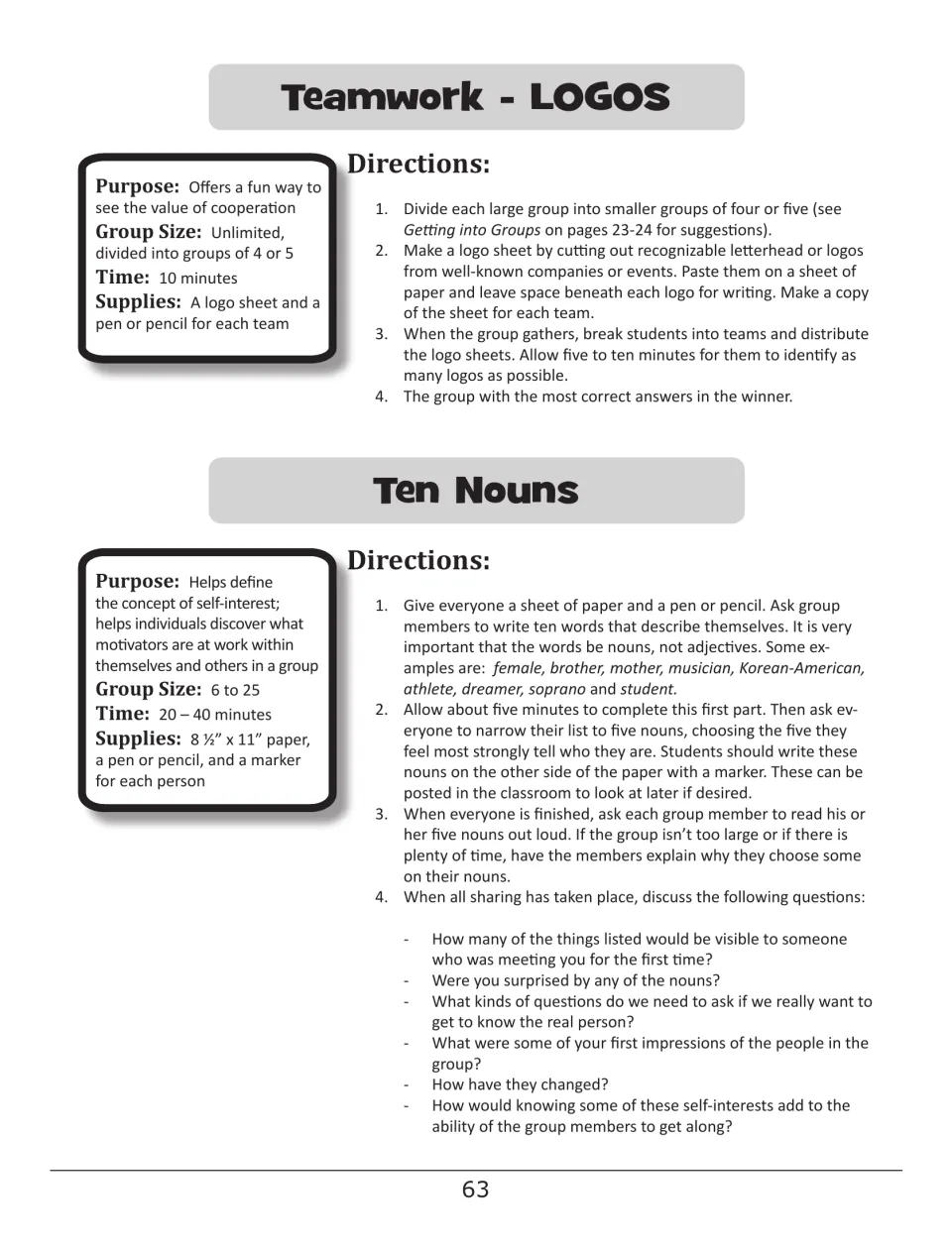 Teamwork - LOGOS asks teams to identify logos; Ten Nouns asks participants to select nouns describing themselves