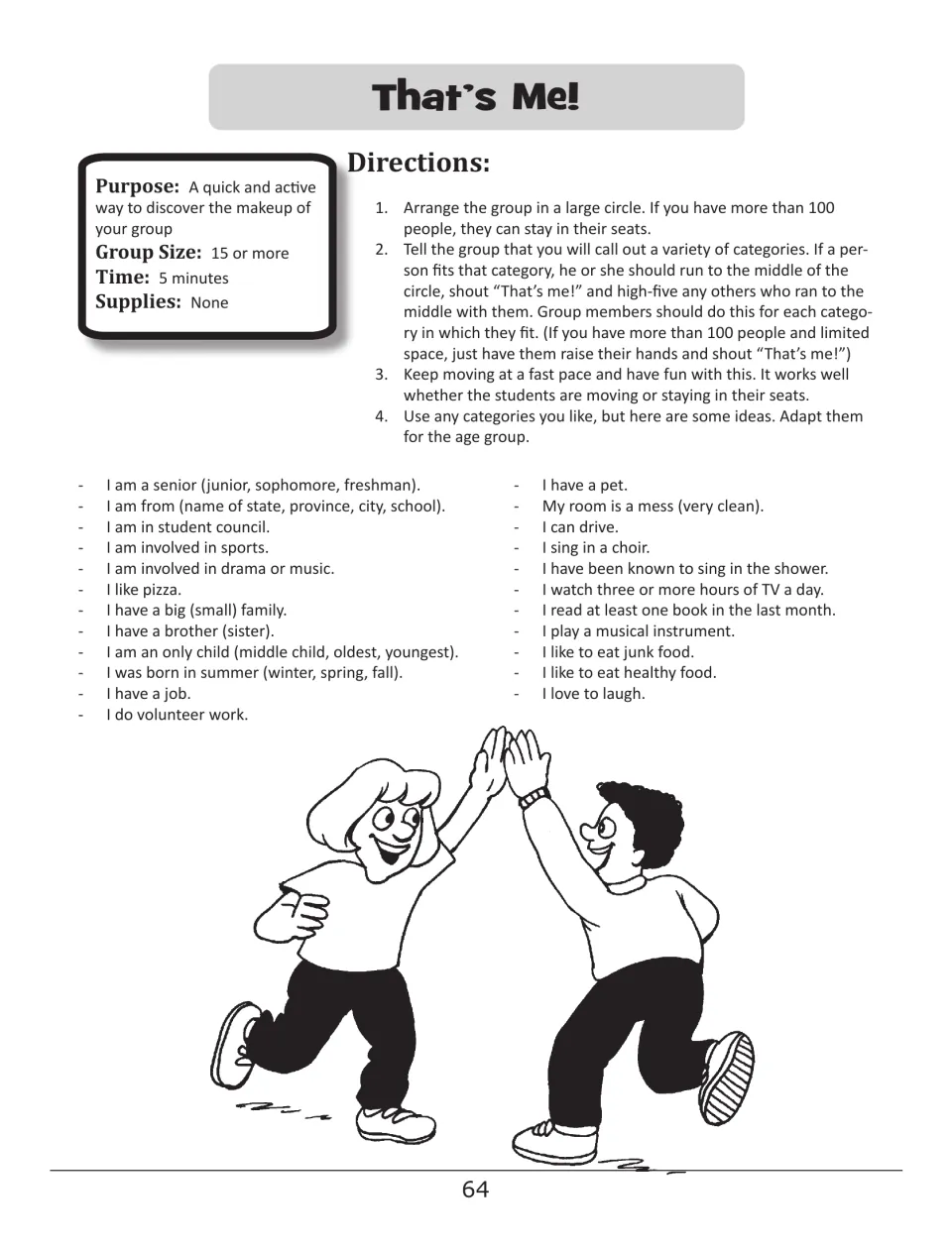 That’s Me! activity instructions and prompts for participants to identify shared interests and experiences
