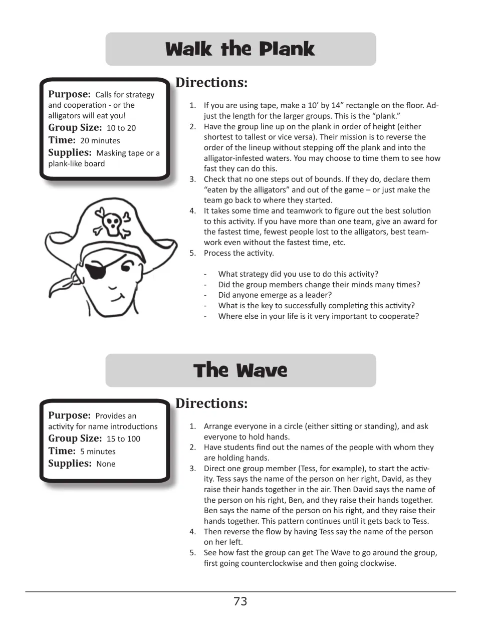 Walk the Plank and The Wave: groups reverse a height lineup on a taped plank, then pass names around a hand-holding circle