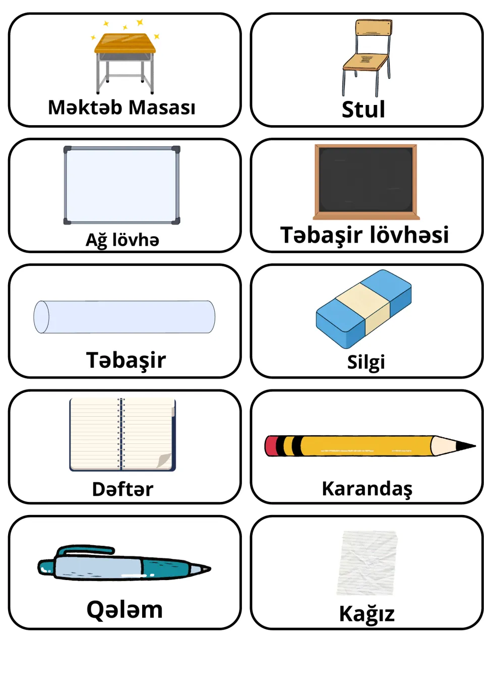 Azerbaijani school picture flashcards 1–10: Stul (chair), Dəftər (notebook), Qələm (pen) and seven more