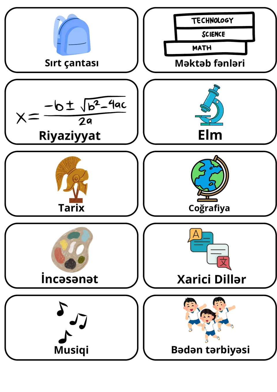 Azerbaijani school picture flashcards 11–20: Riyaziyyat (math), Tarix (history), Musiqi (music) and seven more