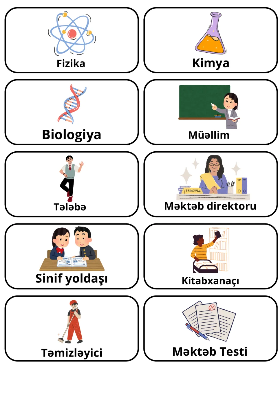 Azerbaijani school picture flashcards 21–30: Fizika (physics), Kimya (chemistry), Müəllim (teacher) and seven more