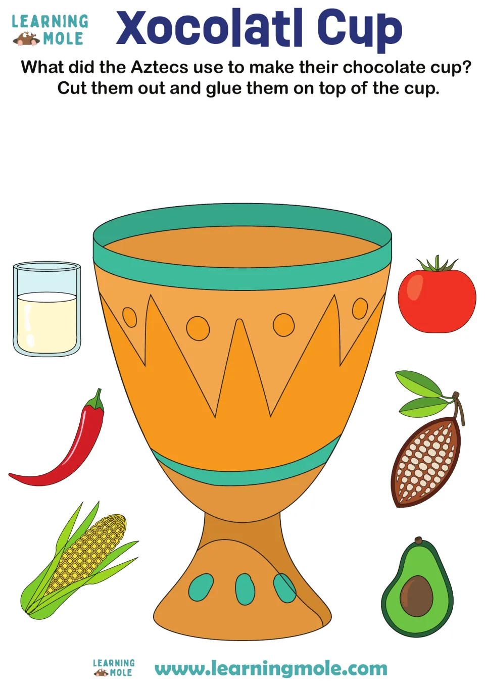 Xocolatl Cup: students pick which items the Aztecs used for chocolate, from milk, chili, corn, tomato, cacao and avocado