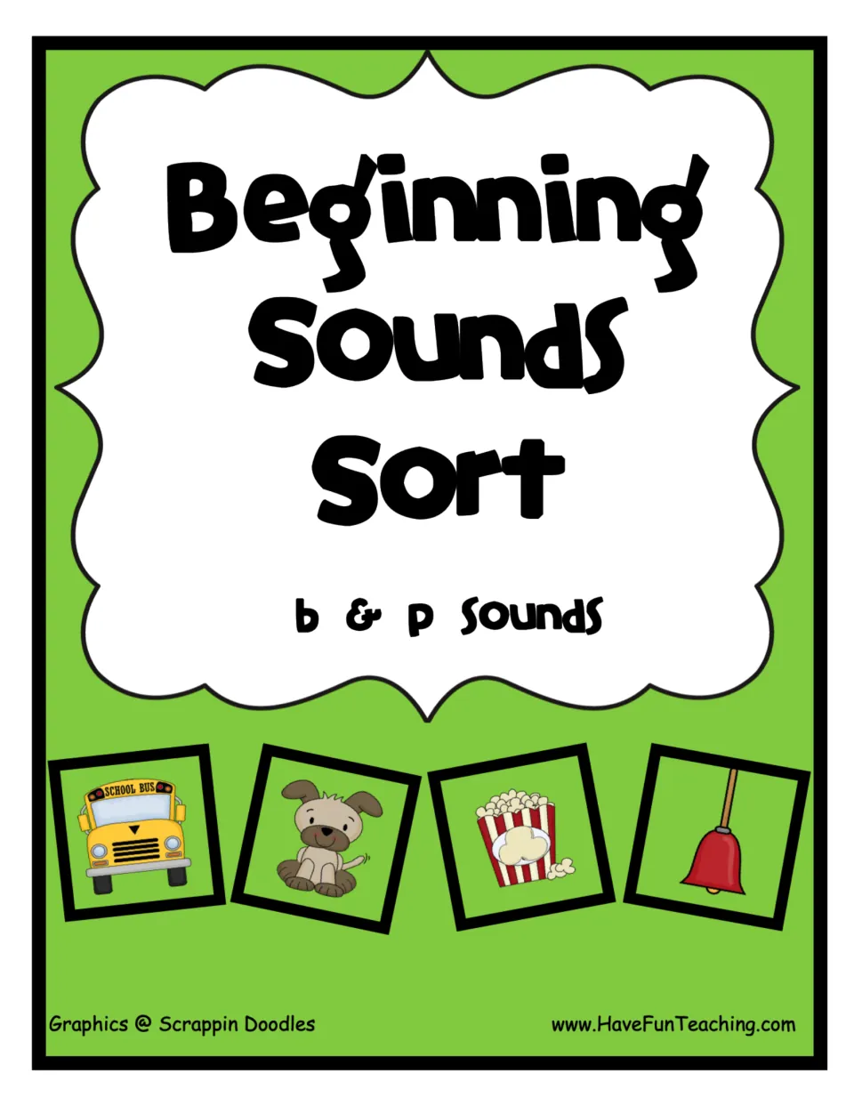 Cover of the beginning-sounds sort for B and P, showing a bus, puppy, popcorn, and bell as sorting examples