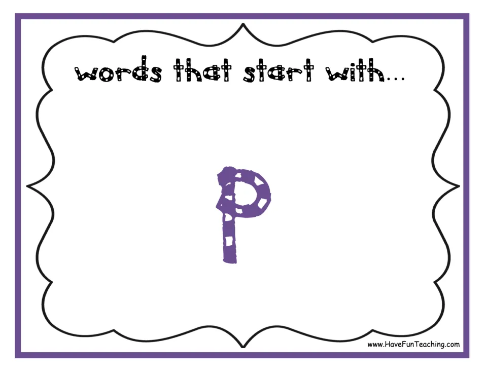 P sorting mat for the beginning-sounds activity, labeled 'words that start with...' above a large letter P