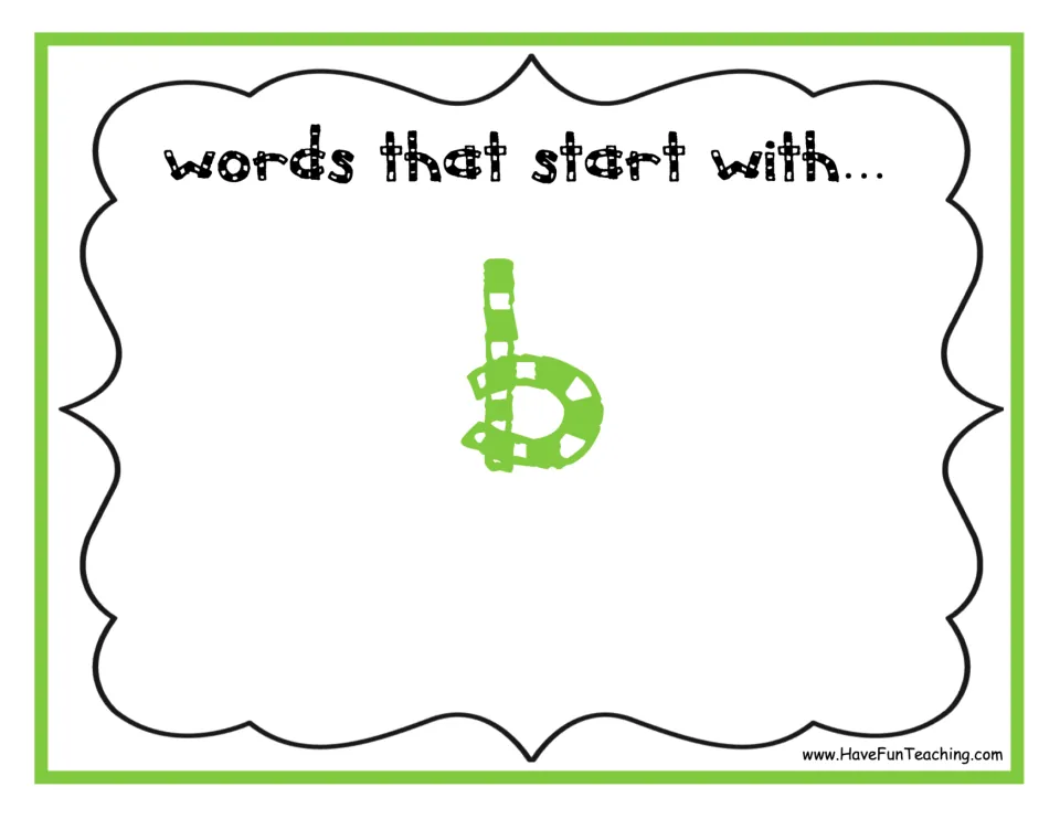 B sorting mat for the beginning-sounds activity, labeled 'words that start with...' above a lowercase b